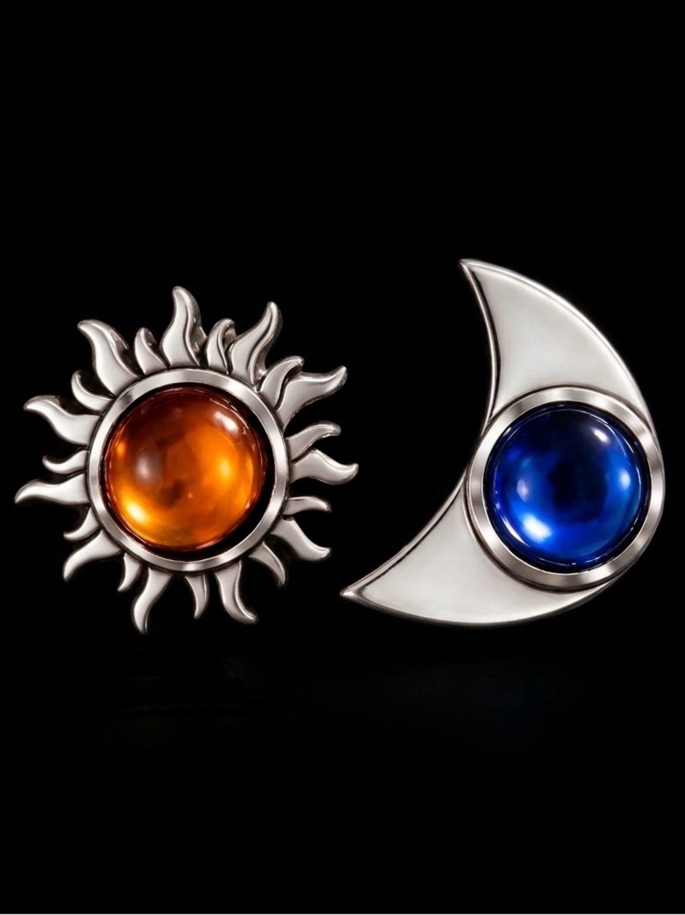 My Sun, My Moon Orange Sunburst Blue Crescent Moonstone Iridescent Mismatch Stud